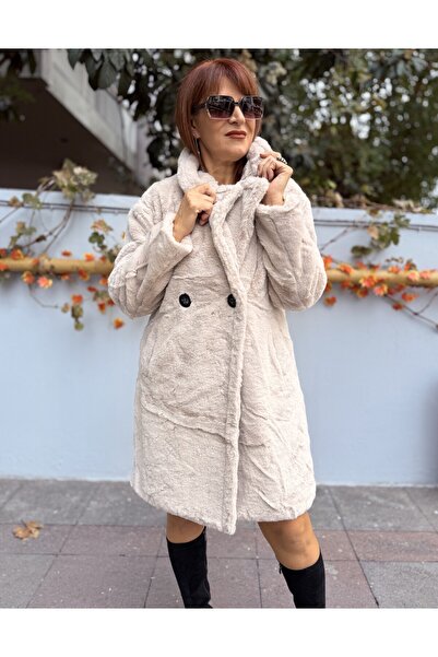 DenizEge Women's Long Faux Fur Coat Beige