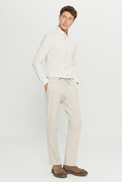 ALTINYILDIZ CLASSICS Men's Beige Slim Fit Slim Fit Tie-Waist Casual Stretchy Trousers with Side Pockets