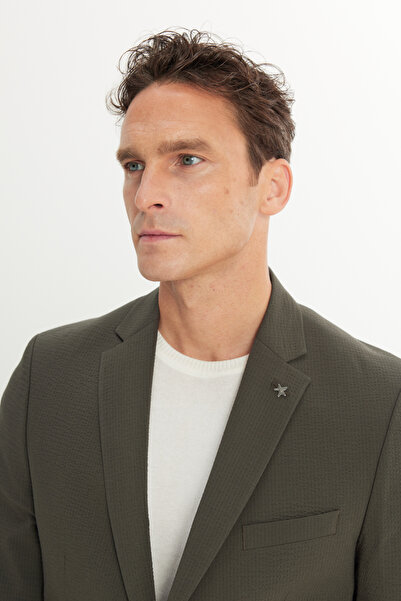 ALTINYILDIZ CLASSICS Men's Khaki Extra Slim Fit Slim Fit Mono Collar Patterned Suit with Flap Pockets