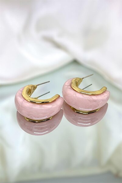 MatmazelLavinya Gold Detailed Pink Bone Hoop Earrings