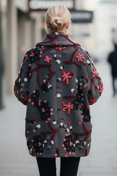 Chiccy Italian Anthracite Long Sleeve Patterned Buttoned Pocketed Casual Felt Fabric O Oversized Woven Jacket 80 80