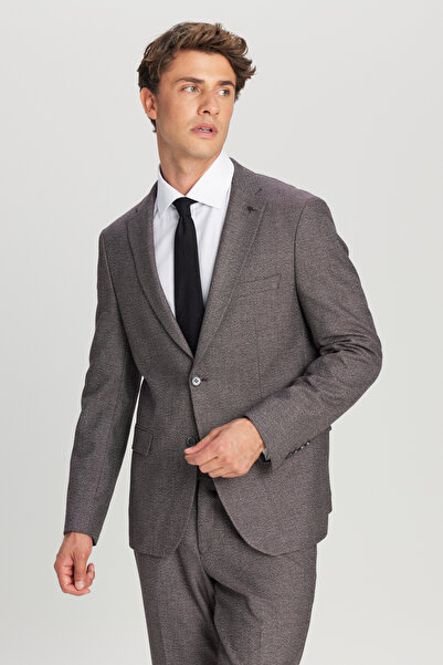 ALTINYILDIZ CLASSICS Men's Burgundy-Grey Slim Fit Slim Fit Mono Collar Patterned Flexible Suit with Flap Pocket