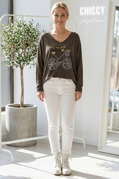 Chiccy Italian Brown V-Neck Long Sleeve B Printed Casual Acrylic O Oversized Knitwear Blouse 68 70
