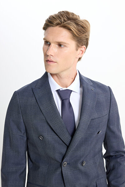 ALTINYILDIZ CLASSICS Men's Navy Blue 100% Wool Slim Fit Slim Fit Swallow Collar Check Double-Breasted Suit
