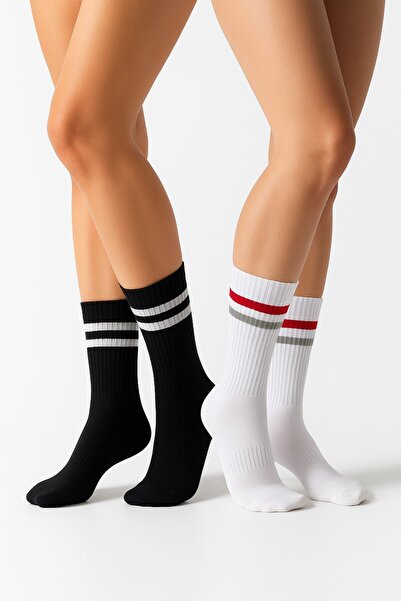 Plus Scorpion Γυναικείες κάλτσες τένις 2 τεμαχίων – Αθλητικές κάλτσες με ρίγες σε μαύρο και άσπρο χρώμα – Βαμβακερές που αναπνέουν