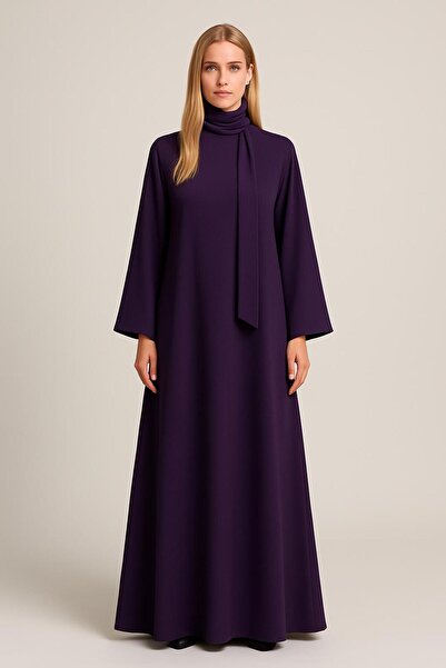 ALYEL NAKER Şal Detaylı Maxi Boy Mor Krep Salaş Abaya Elbise