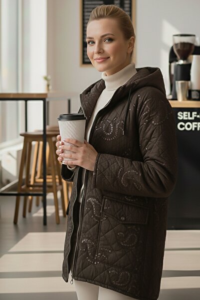Chiccy Italian Brown K Hooded Long Sleeve Zippered Sequined All over Embroidered Woven Jacket 75 65