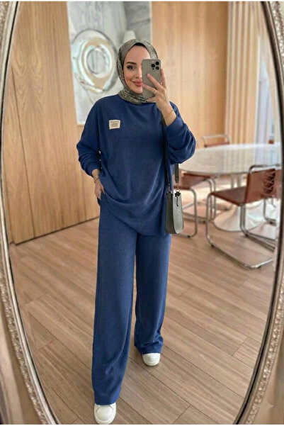 unika boutique Corded Fabric Emblem Detailed Oversized Ribbed Knit Basic Uppe...