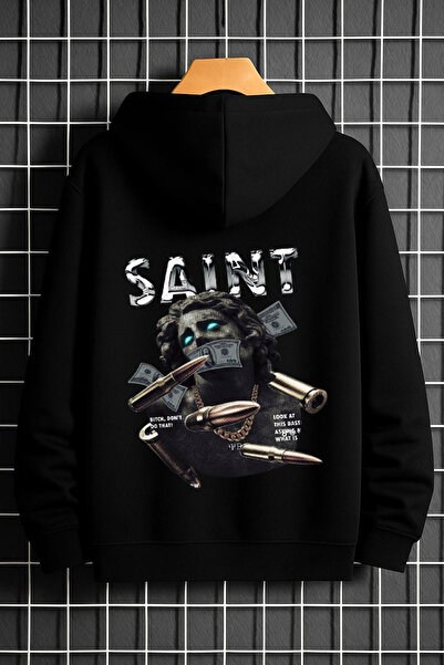 Rivox سويت شيرت رجالي أسود بغطاء رأس قصة فضفاضة سانت مطبوع