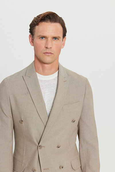 ALTINYILDIZ CLASSICS Men's Beige Slim Fit Slim Fit Swallow Collar Flexible Double-Breasted Suit with Pocket Bag