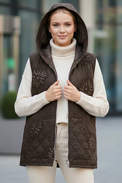 Chiccy Italian Brown K Hooded Sleeveless Zippered Kangaroo Pocket Sequined Quilted Woven Vest 67 62