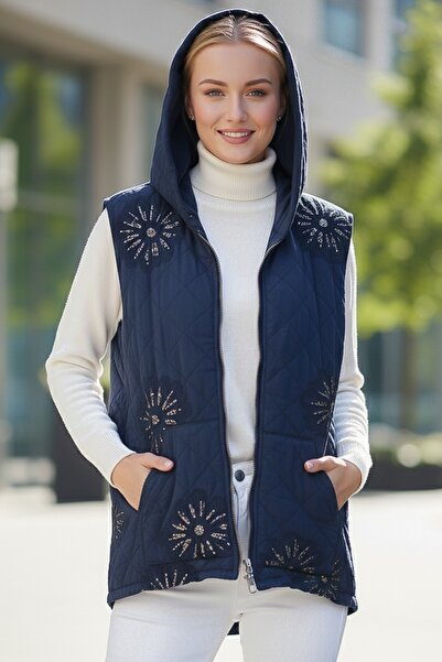 Chiccy Італійський синій капюшон без рукавів на блискавці з кишенями-кенгуру, з паєтками, з капітоне-тканиною, жилет 67 62