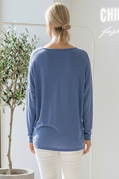 Chiccy Bluză italiană albastră cu decolteu în V cu mânecă lungă B cu imprimeu Casual acrilic O supradimensionat Tricotaj Bluză 68 70