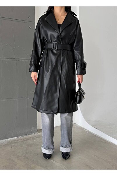 candybia Women's Belted Black Leather Trench Coat