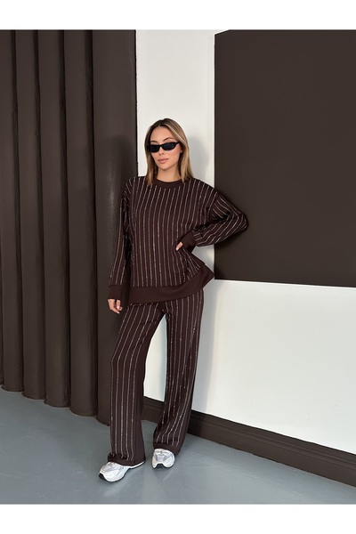 orjinal blue b Women's Modal Blouse Pants Striped Stone Bottom Top Set Trend