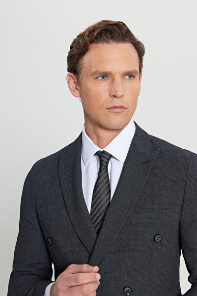 ALTINYILDIZ CLASSICS Men's Anthracite Slim Fit Slim Fit Swallow Collar Patterned Flexible Double-Breasted Suit with Flap Pocket