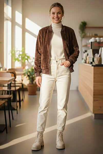 Chiccy Italian Light Brown Bomber Collar Cuffed Sleeves Zippered No Pockets Unlined Woven Bomber Jacket 68 65