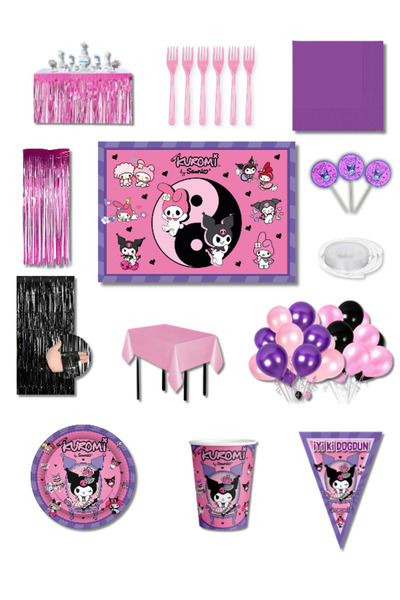 Parti Furyası Kuromi Party Set for 8 People with Banner 70X100 cm Premium | Balloon Chain with Table Skirt and Background from Kurdan