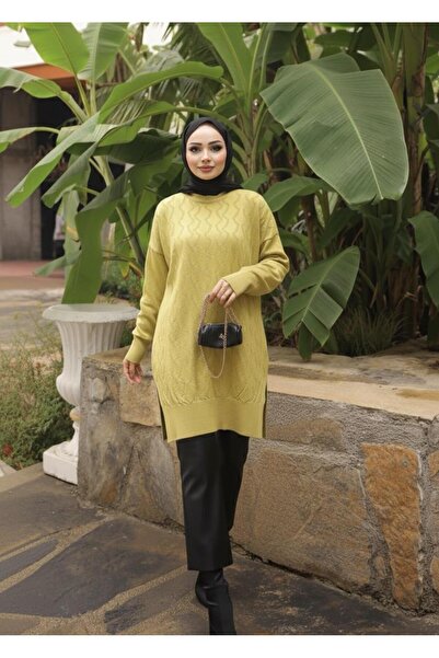 ERLINE Yellow Crew Neck Cold Thread Knitwear Hijab Tunic