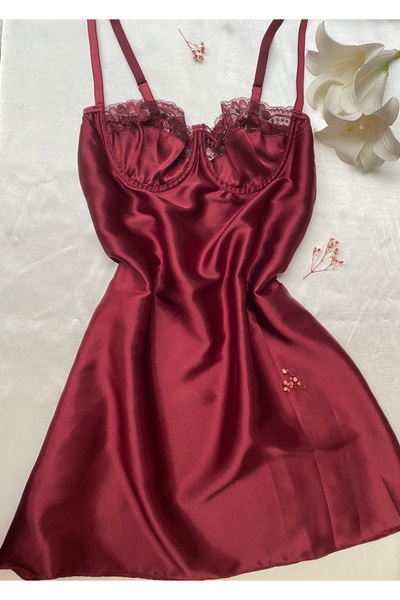 SİNTRA LINGERIE Dantel Detaylı Saten Gecelik - Bordo