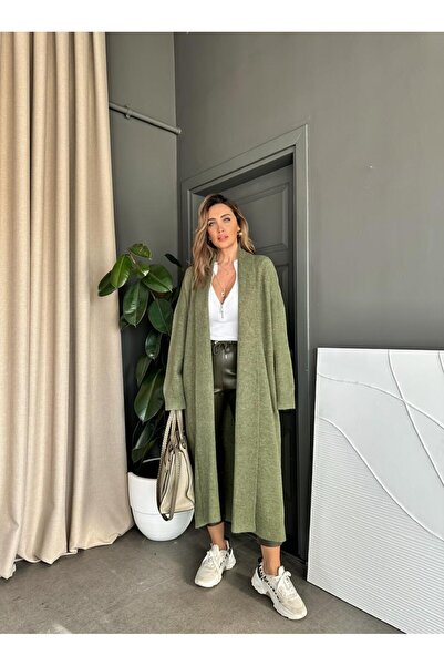 Zerrincan Giyim Khaki Shawl Collar Long Cardigan