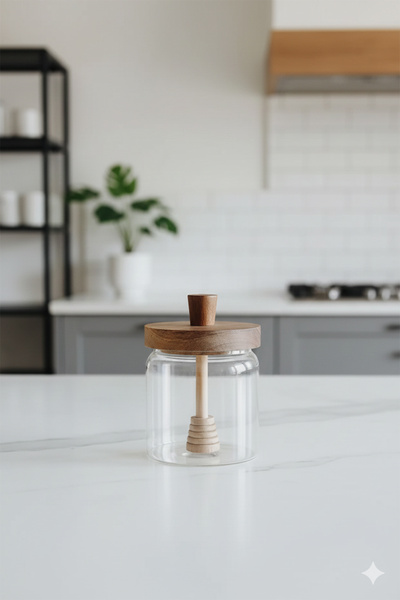 Home Melora Acacia Lid Borosilicate Glass Honey Jar 450 ml