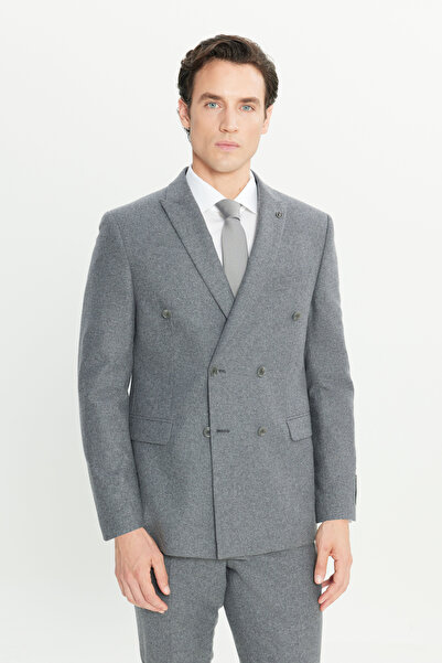 ALTINYILDIZ CLASSICS Men's Gray Wool Slim Fit Slim Fit Swallow Collar Flap Pocket Double-Breasted Suit