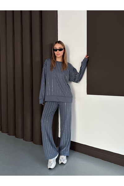 orjinal blue b Γυναικεία μοντέρνα μπλούζα παντελόνι με ριγέ πέτρα στο κάτω μέρος Τάση