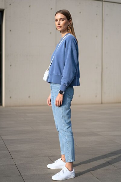 Kübra Tekstil Γυναικείο μπλουζάκι με μακρυμάνικο βαμβακερό λαιμόκοψη μπλε - Γυναικείο φούτερ