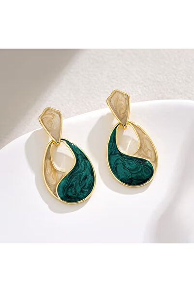 begüm jewelery YEŞİL-KREM GÖZYAŞI MODEL SALLANTILI TASARIM KÜPE