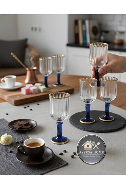 WARDY AYYESA HOME 6lı Cam Yaldızlı Kahve Yanı Su Bardağı Lacivert/Siyahlı Kupa Kadeh Bardak (75ml)