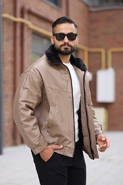 Kawimoda New Season Oversized Fur Collar Men's Leather Coat