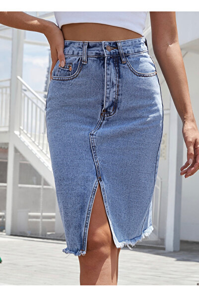 Marlix Jeans Buz mavi Orta Boy Normal Belli Kadın Kot Etek