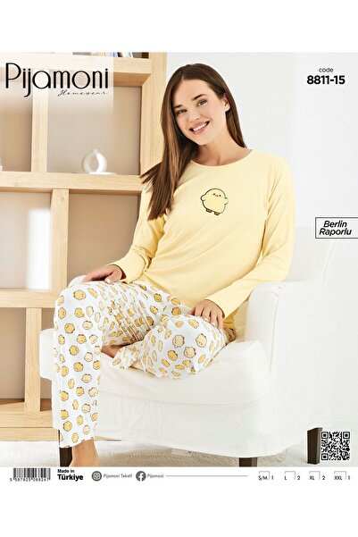 Pijamoni KADIN SARI BERLİN RAPORLU 8811-15 CİVCİV DESENLİ PİJAMA TAKIMI