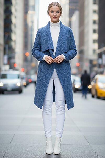 Chiccy Jachetă italiană albastră cu guler șal, cu mânecă lungă, cu buzunare, subțire, casual, cașmir Ov supradimensionat 105 65