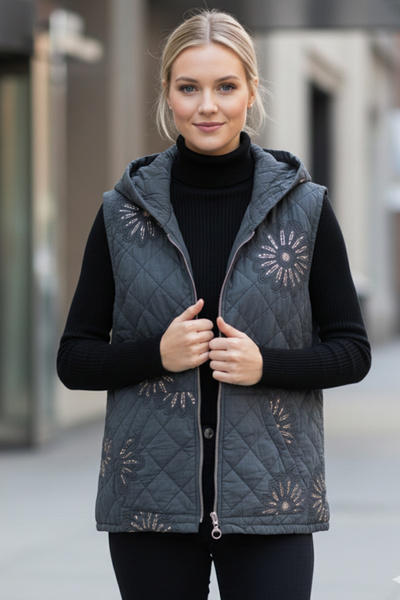 Chiccy Italian Anthracite K Hooded Sleeveless Zippered Kangaroo Pocket Sequined Quilted Woven Vest 67 62