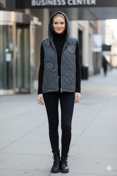 Chiccy Italian Anthracite K Hooded Sleeveless Zippered Kangaroo Pocket Sequined Quilted Woven Vest 67 62