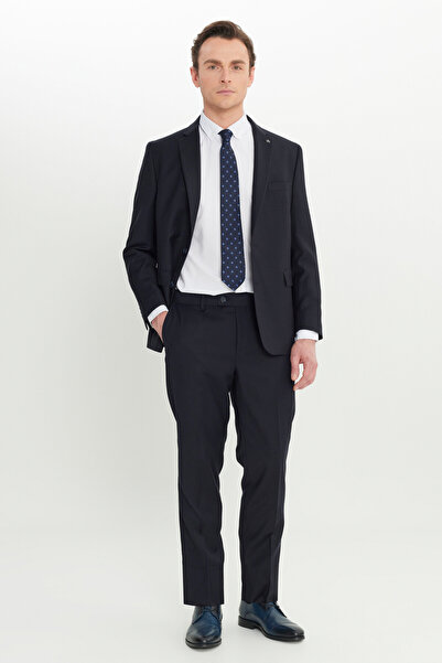 ALTINYILDIZ CLASSICS Men's Dark Navy Regular Fit Regular Cut Filafil Patterned Mono Collar Covered Pocket Suit