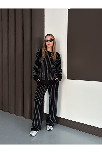 orjinal blue b Women's Modal Blouse Pants Striped Stone Bottom Top Set Trend