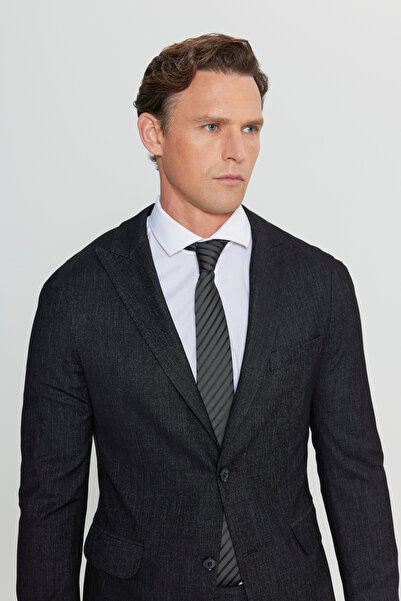 ALTINYILDIZ CLASSICS Men's Black Slim Fit Slim Fit Swallow Collar Patterned Cover Pocket Suit