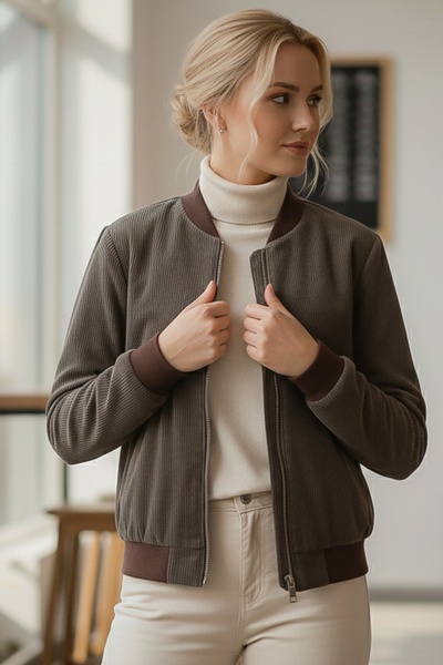 Chiccy Italian Khaki Bomber Collar Cuffed Sleeves Zippered Without Pockets Without Lining Velvet Woven Bomber Jacket 68 65