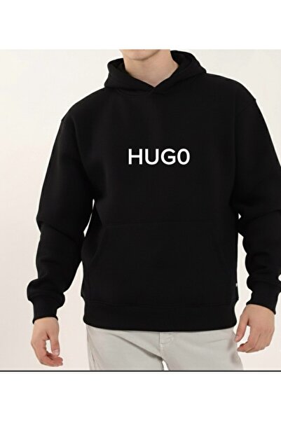 HUG0 Unisex Printed Basic K Hooded Sweatshirt with Fleece Inside