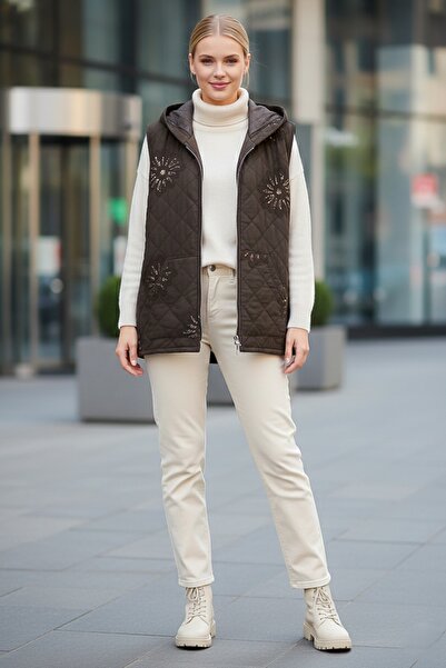 Chiccy Italian Brown K Hooded Sleeveless Zippered Kangaroo Pocket Sequined Quilted Woven Vest 67 62