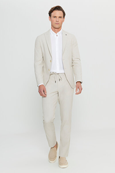 ALTINYILDIZ CLASSICS Men's Beige Cotton Slim Fit Slim Fit Swallow Collar Striped Seersucker Patterned Suit with Pocket Bag