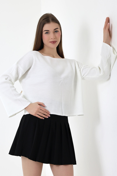 Devinka Γυναικεία λευκή ισπανική μπλούζα με φαρδύ γιακά casual πλεκτό