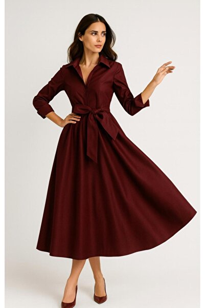 ALYEL NAKER Kuşaklı Koyu Bordo Tafta Midi Gömlek Elbise
