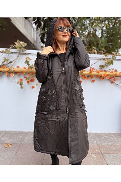 DenizEge Hooded Applique Long Coat Black