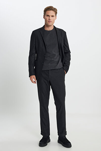 ALTINYILDIZ CLASSICS Men's Anthracite Wool Slim Fit Slim Fit Mono Collar Tie Waist Diagonal Pattern Suit