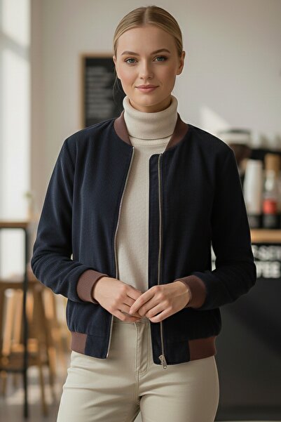 Chiccy Italian Navy Blue Bomber Collar Cuffed Sleeves Zippered No Pockets Unlined Woven Bomber Jacket 68 65