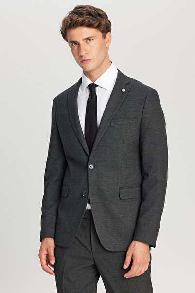 ALTINYILDIZ CLASSICS Men's Anthracite Slim Fit Slim Fit Mono Collar Patterned Stretch Suit with Flap Pockets